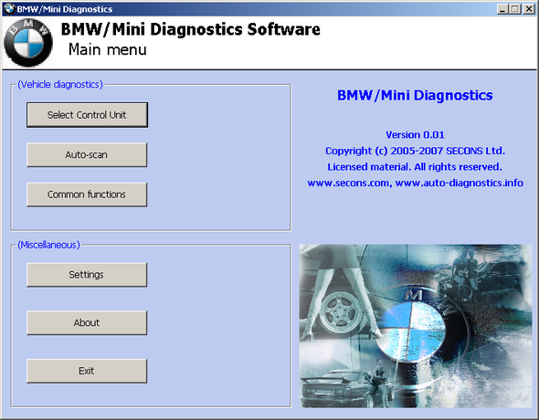 SECONS BMWDiag Main screen