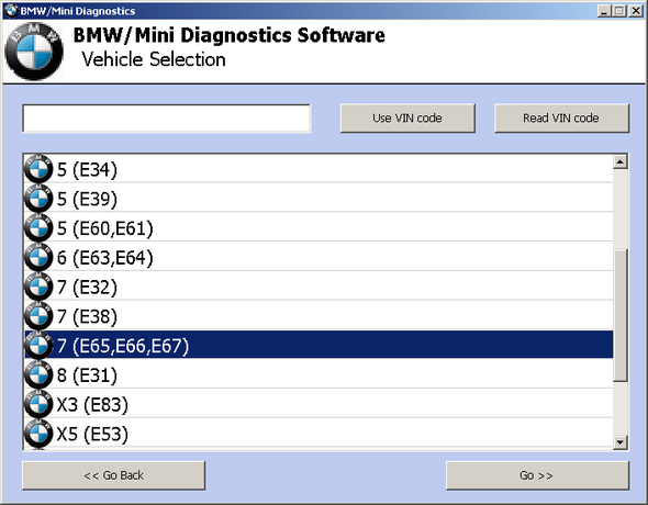 SECONS BMWDiag Vehicle selection