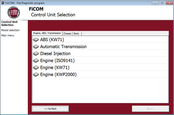 SECONS FiatDiag Control unit selection