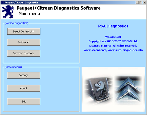 SECONS PSADiag Main screen