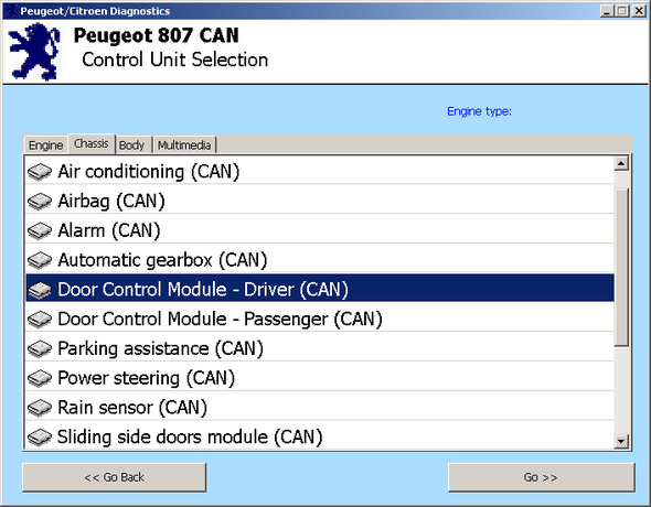 SECONS PSADiag Control unit selection
