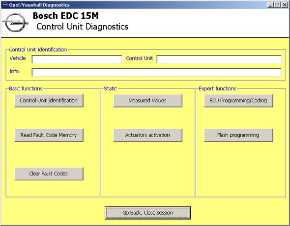 SECONS OpelDiag Control Unit Diagnostics Menu